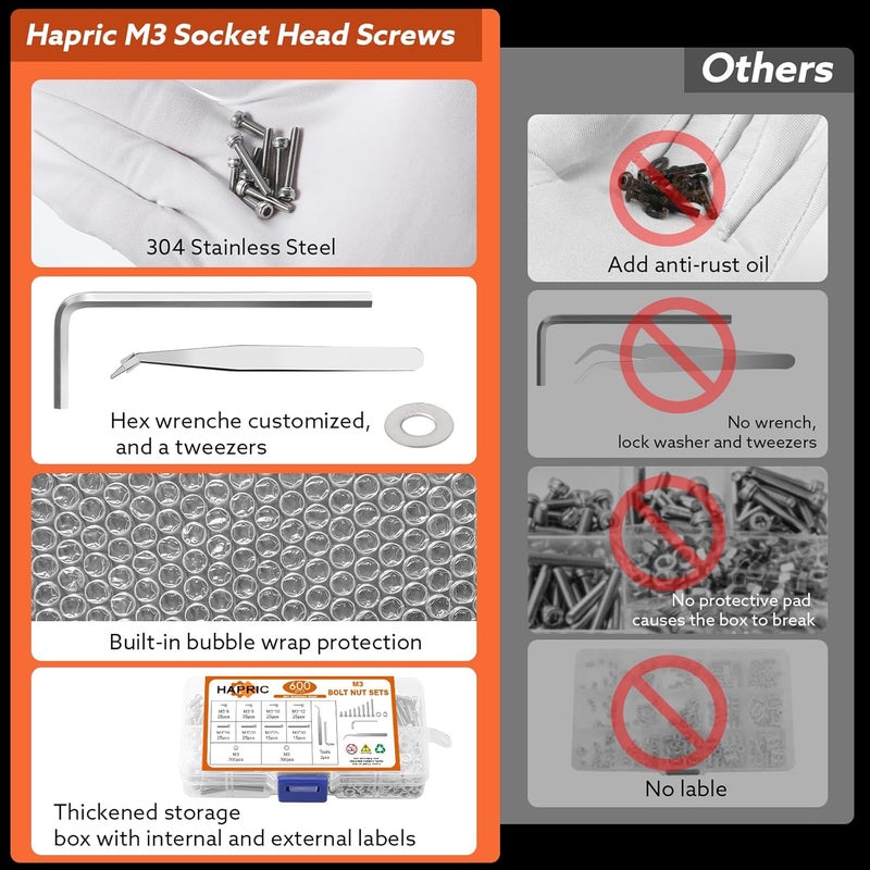 Hapric 600 Pcs M3 Screws Assortment Kit Metric Screw Kits Nuts and Bolts Assortment Kit M3 x 6mm /8mm /10mm /12mm /16mm /20mm /25mm/30mm Metric Machine Screw Kit (304 Stainless Steel Hex Socket Head) - Image 5